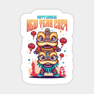 Joyful Dragon & Lion Parade: Happy Chinese New Year 2024! Magnet