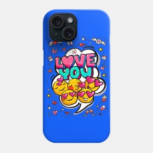 Love you word bubble. Message in pop art comic style with hand drawn hearts and emoji smiles. Phone Case