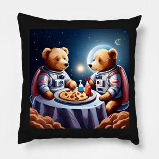 Two Teddy's in space suits having a romantic dinner on the Moon Pillow