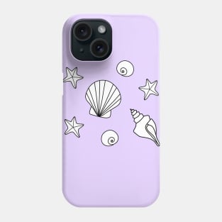 White Cartoon Seashells and Starfish Pattern on a Lavender Backdrop, made by EndlessEmporium Phone Case