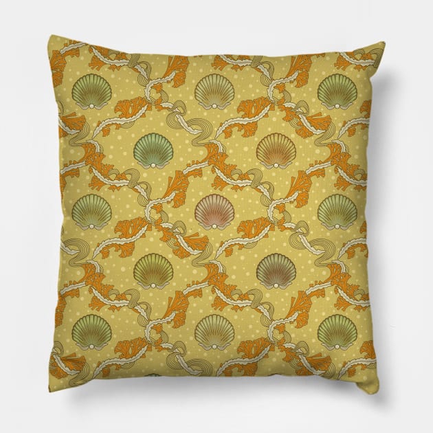 The elegant grace of nature: scallop shells and sea weeds Pillow by runcatrun