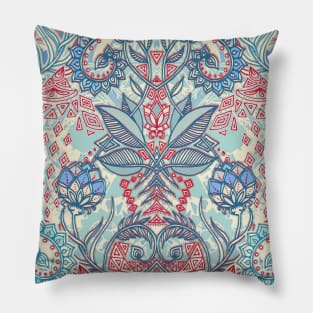 Botanical Geometry - nature pattern in red, blue & cream Pillow