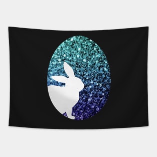 Easter Bunny Silhouette in Teal Blue Ombre Faux Glitter Easter Egg Tapestry