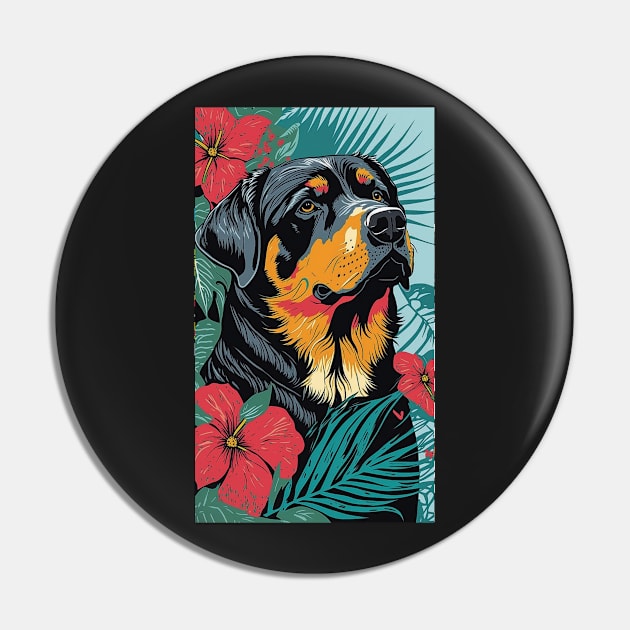 Rottweiler Dog Vibrant Tropical Flower Tall Retro Vintage Digital Pop Art Portrait Pin by ArtHouseFlunky