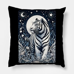 Monochromatic White Tiger In Jungle At Night Pillow