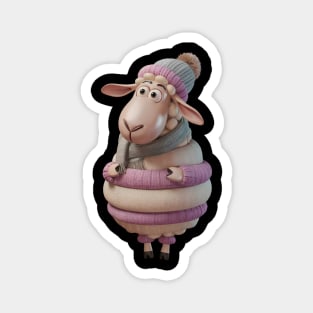 a cartoon sheep, bundled in multiple layers of woolen clothing. Magnet