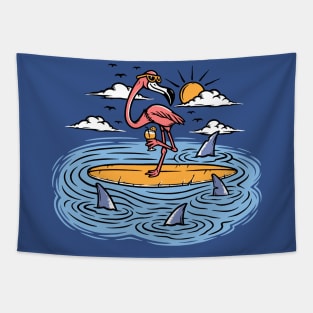Funny Cartoon Flamingo Surrounded by Sharks Tapestry