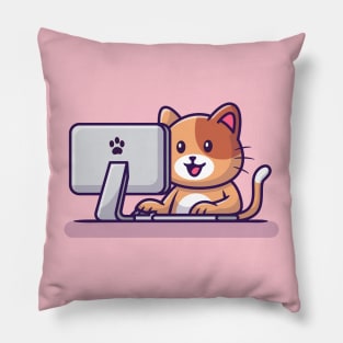 Cute Cat Operating Computer Pillow