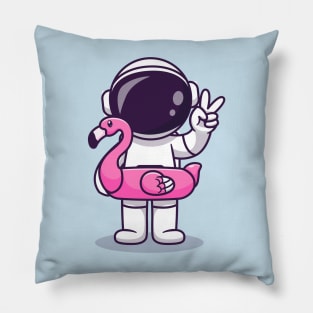 Cute Astronaut Wearing Flamingo Tires And Peace Sign  Cartoon Pillow