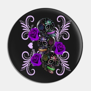 Triple Black Day Of The Dead Skulls Purple Roses Pin