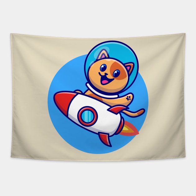 Cute Cat Astronaut Riding Rocket Cartoon Tapestry by Catalyst Labs