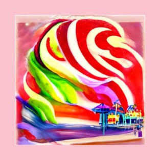 Santa Monica Pier swirly Candy AI Art T-Shirt