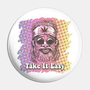 Old Hippiie in bandana with canabis leaf sign and wording Take it Easy. Hippie Psychedelic generation Retro Poster. Pin