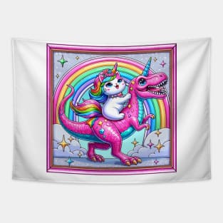 Cute Rainbow cat unicorn rides atop a pink cute dinosaur Tapestry