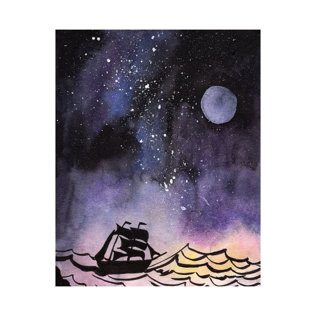 Sailship at rough Sea under a Galaxy Sky by Sandraartist