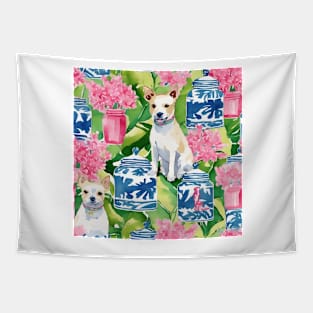 Terriers, cherry blossom, and chinoiserie jars Tapestry