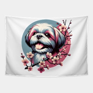 Shih Tzu's Blissful Spring with Cherry Blossoms Tapestry