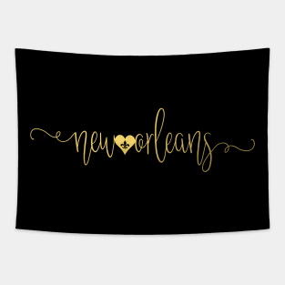New Orleans Script Typography Black and Gold Letters and Fleur de Lis Heart Tapestry