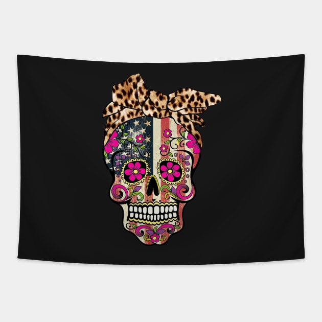 American Flag Sugar Skull Leopard Bow Tapestry by ANGELA2-BRYANT