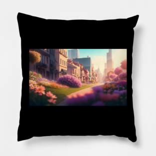 City street with beautiful flowers Pillow