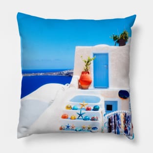 Santorini, Greece - retro travel poster Pillow