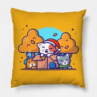 Happy Cute Cats in Box Autumn Cartoon Vector Icon Illustration Pillow