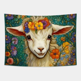 Baby Goat With A Cute Smile In A Flower Garden Tapestry