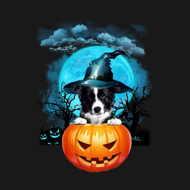 Border Collie Witch Hat Pumpkin And Blue Moon Halloween by Tagliarini Kristi