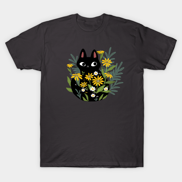 Black Cat In The Flowers - Black Cat - T-Shirt