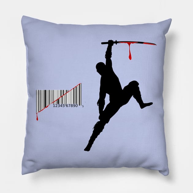 ninja slicing a bar code with a katana Pillow by lil dragon