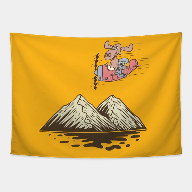 Rocky & Bullwinkle ride rocket on the mountain Tapestry by something_kind