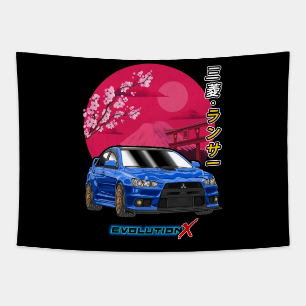 Nippon JDM Blue Mitsubishi Lancer Evolution X Tapestry by Guyvit