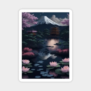 Serene Mount Fuji Sunset - Peaceful River Scenery - Lotus Flowers Magnet