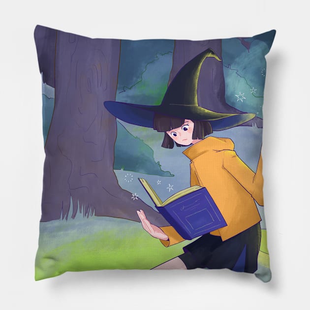 Witch girl in the woods Pillow by Wizn Art