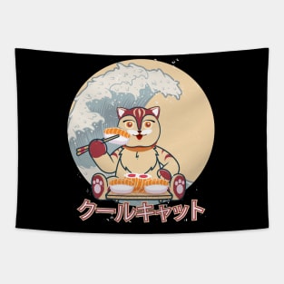 Cute japanese cat, kawaii eat sushi Tapestry