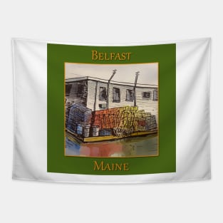 Lobster traps sitting on the dock in Belfast Maine Tapestry