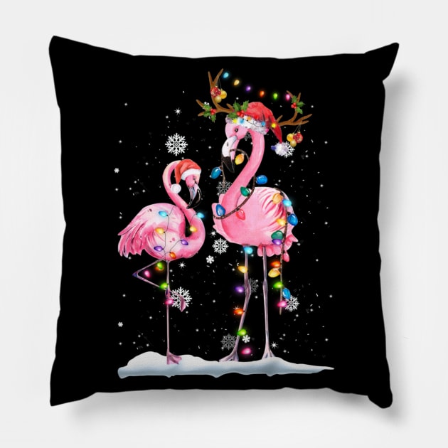 Christmas Flamingo Santa Hat Xmas Lights Flamingo Loves Pillow by WoowyStore