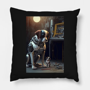 Cyborg Dog getting repaired in a shop Pillow