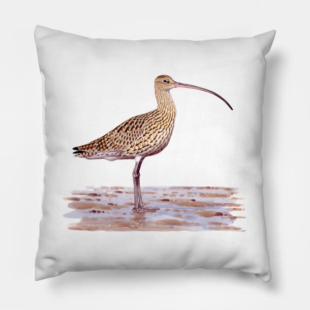 Far-eastern Curlew painting Pillow by kokayart