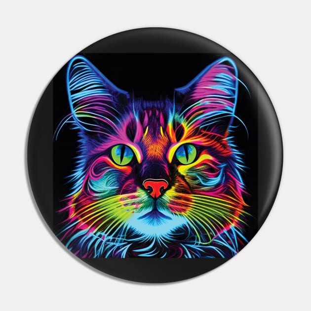 Cat in Neon Pinks, Blues and Yellows Pin by Geminiartstudio