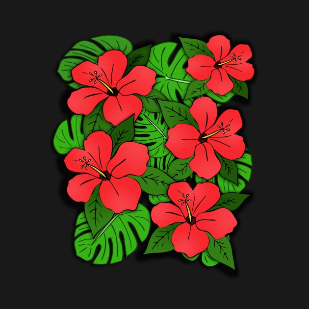 Red Hibiscus Flowers & Monstera Leaves by RockettGraph1cs