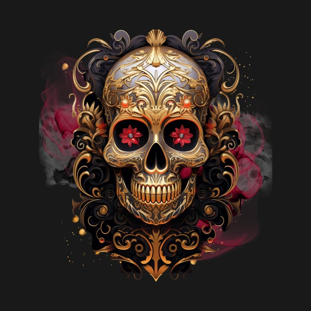 Golden Psychedelic skull with flowers as eyes and smoking background by HSH-Designing