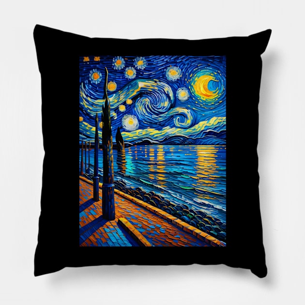 South beach at starry night Pillow by FUN GOGH