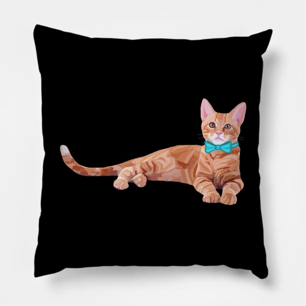 Ginger Cat with Teal Bow Tie Pillow by Art by Deborah Camp