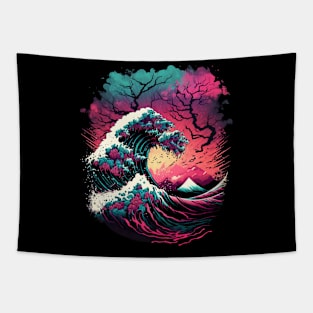 Retro Japanese Synthwave Great Wave Tapestry