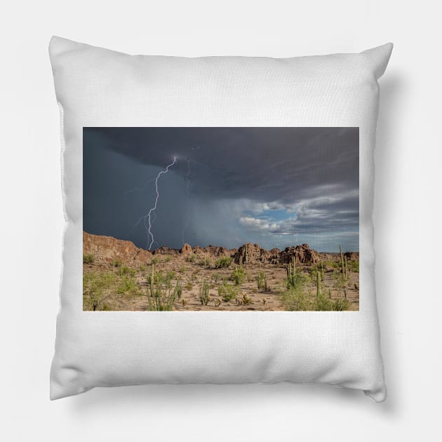 Lightning strike and basalt pinnacles, Arizona, USA (C035/4327) Pillow by SciencePhoto