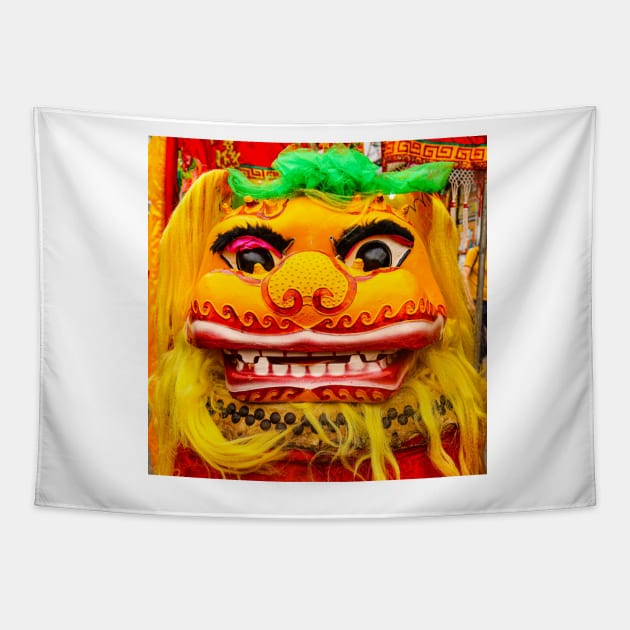 Golden red Chinese Dragon mask SQ Tapestry by kall3bu