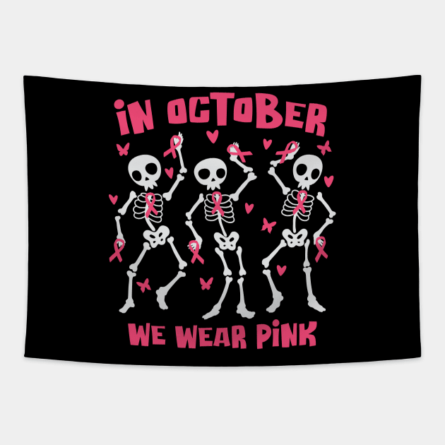 Breast Cancer Awareness Halloween Skeletons Dancing Tapestry by Graphic Duster