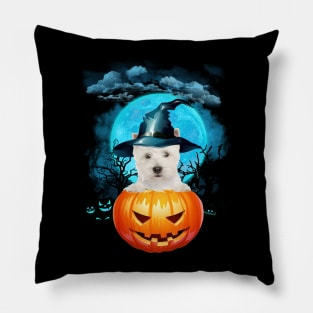 West Highland White Terrier Witch Hat Pumpkin And Blue Moon Pillow