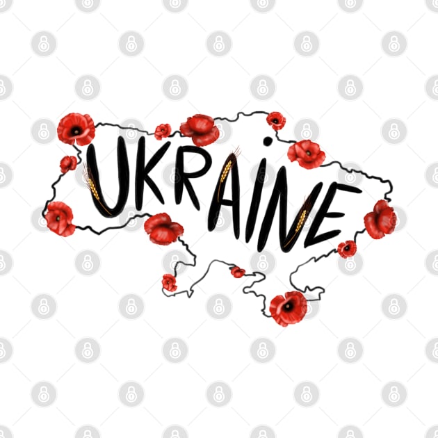 Map of Ukraine with red poppies and  text in English Ukraine. by Olena Tyshchenko